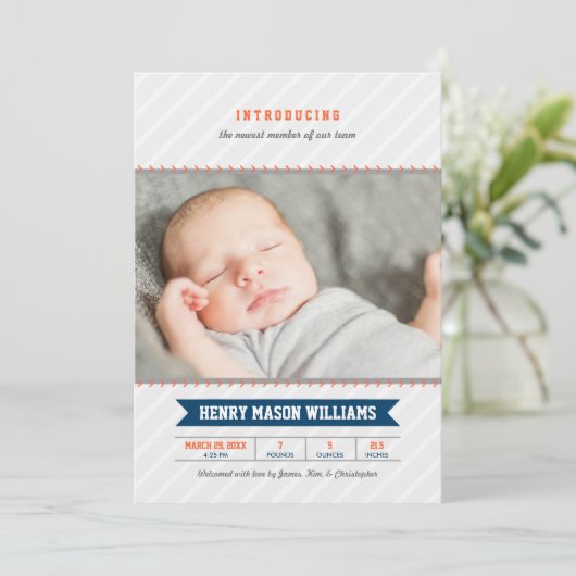 野球モダン男の赤ちゃんネイビーオレンジフォト誕生 案内状 (スタンド正面)