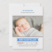 野球モダン男の赤ちゃんフォトグレーアンドブルー誕生 案内状 (正面)