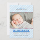 野球モダン青・赤男の赤ちゃんフォト誕生 案内状 (正面)