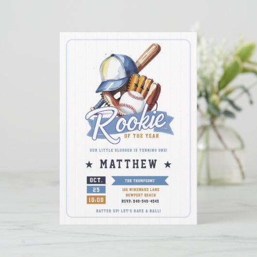 野球ルーキーボールこうもりキャップブルーボーイ1st誕生日 招待状 (スタンド正面)