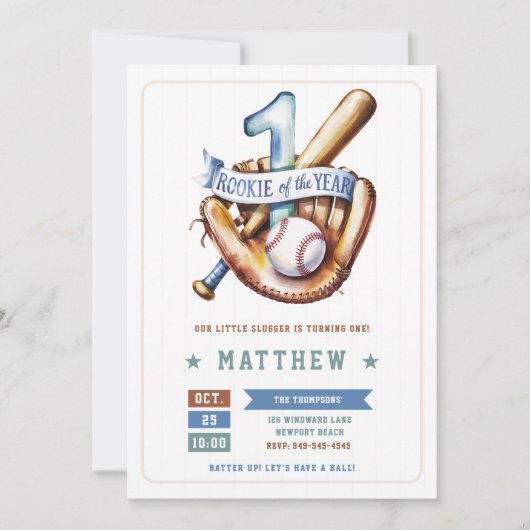 野球ルーキーボールこうもりブルーおもしろいボーイ1歳誕生日 招待状 (正面)