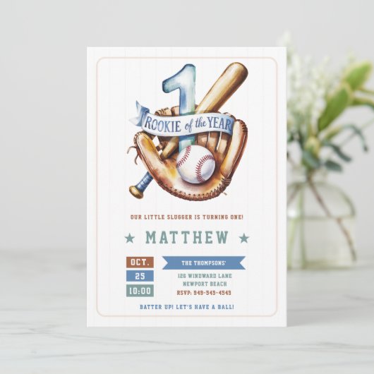 野球ルーキーボールこうもりブルーおもしろいボーイ1歳誕生日 招待状 (スタンド正面)