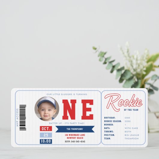 野球ルーキー統計レッドチケット少年1歳の誕生日 招待状 (スタンド正面)