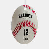 野球写真の赤いステッチパーソナライズされた メタルオーナメント (正面右)
