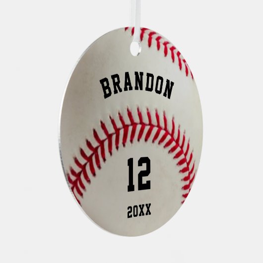 野球写真の赤いステッチパーソナライズされた メタルオーナメント (正面右)