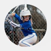 野球写真の赤いステッチパーソナライズされた メタルオーナメント (裏面)