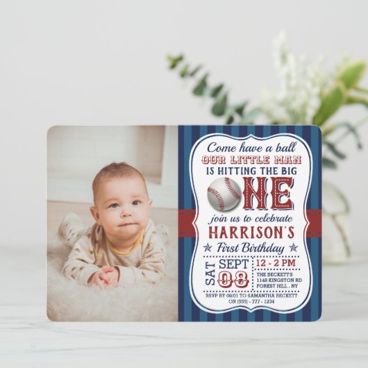 野球写真1歳の誕生日招待状 招待状 (スタンド正面)