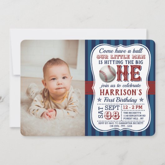 野球写真1歳の誕生日招待状 招待状 (正面)