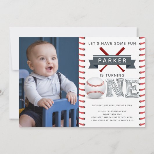 野球初の誕生日少年の写真 招待状 (正面)