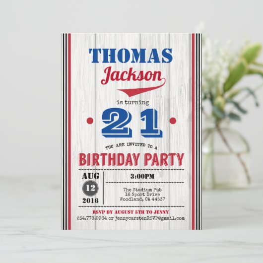 野球大人誕生日の招待状。素朴木材 招待状 (スタンド正面)