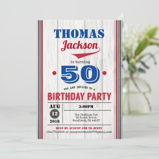 野球大人50歳の誕生日の招待状。素朴 招待状 (スタンド正面)