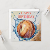野球好きウォーターカラースプラッシュ 誕生日 カード (正面/裏面インサイチュ)