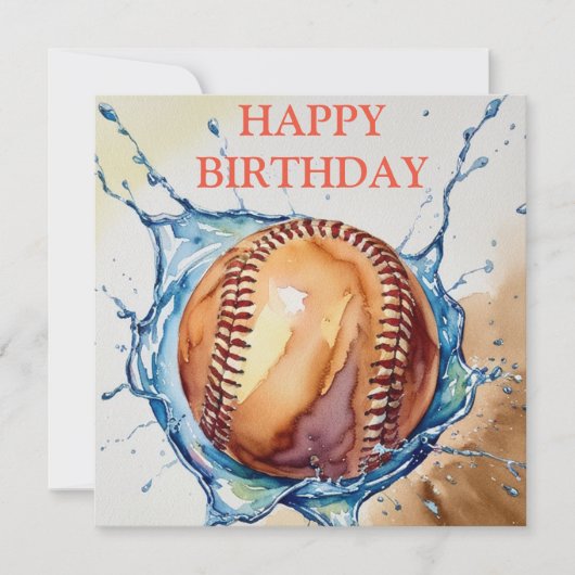 野球好きウォーターカラースプラッシュ 誕生日 カード (正面)