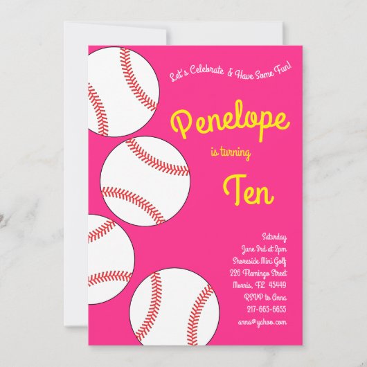 野球子供の誕生日パーティースポーツピンクガールズ 招待状 (正面)