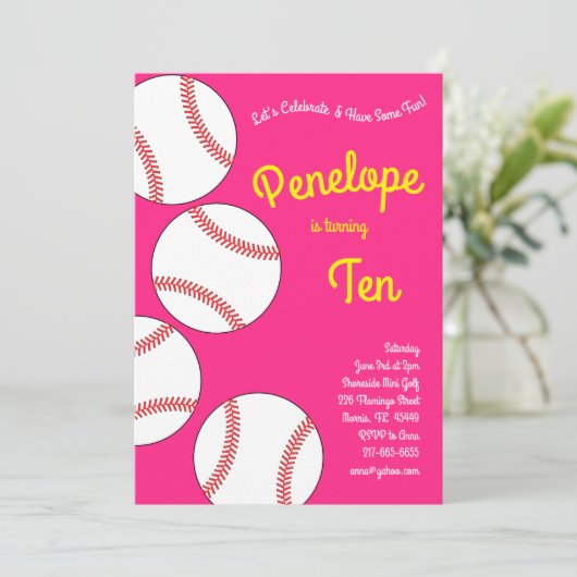 野球子供の誕生日パーティースポーツピンクガールズ 招待状 (スタンド正面)