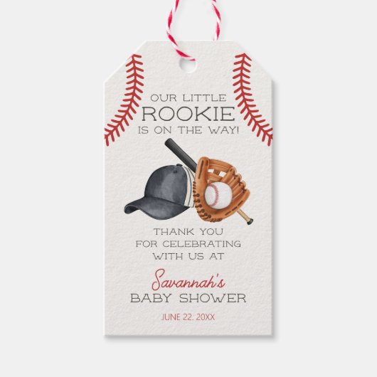 野球小さな新人ホーム走赤ん坊シャワー賛成 ギフトタグ (正面)