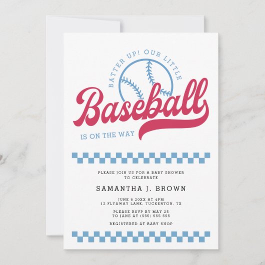 野球少年の赤ちゃんシャワーの途中の私達の野球 招待状 (正面)
