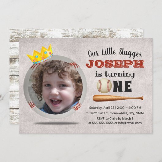 野球少年カスタムの写真1歳のパーティー 招待状 (正面/裏面)