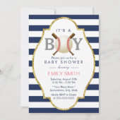 野球少年モダンネイビーブルーストライプズ赤ちゃんシャワー 招待状 (正面)