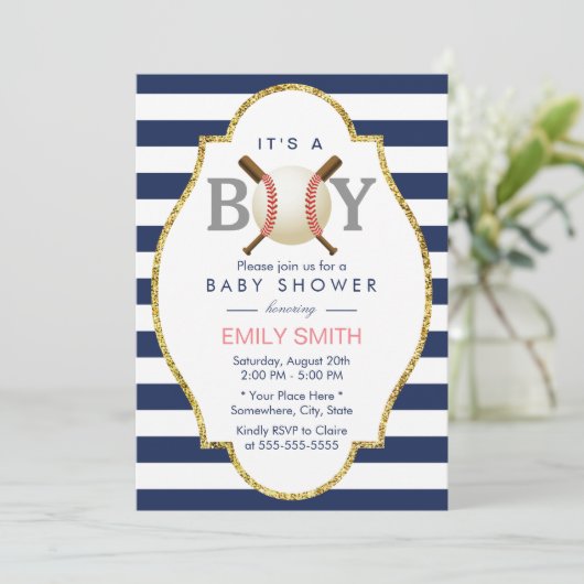 野球少年モダンネイビーブルーストライプズ赤ちゃんシャワー 招待状 (スタンド正面)