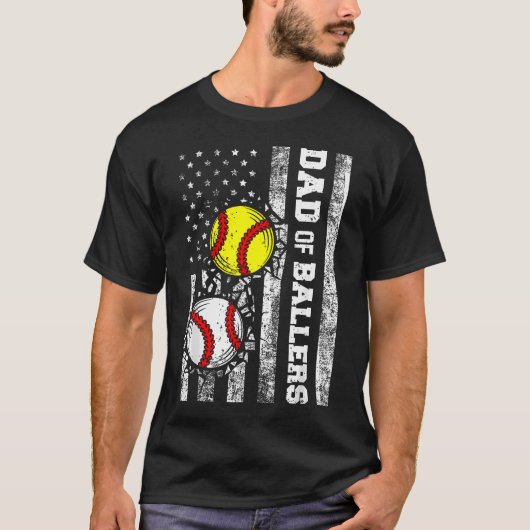 野球少年少女の父 アメリカ国旗 野球 ソフトボール 楽しい Tシャツ (正面)