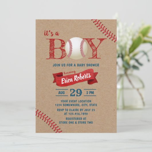 野球少年素朴スポーツテーマクラフトベビーシャワー 招待状 (スタンド正面)