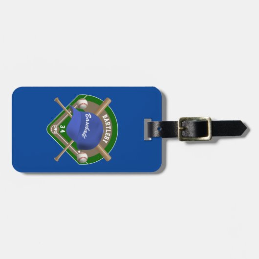 野球帽こうもりのダパーソナライズされたイヤモンド名 ラゲッジタグ (正面横)