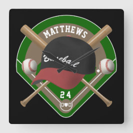 野球帽こうもりパーソナライズされたダイヤモンド名番号 スクエア壁時計