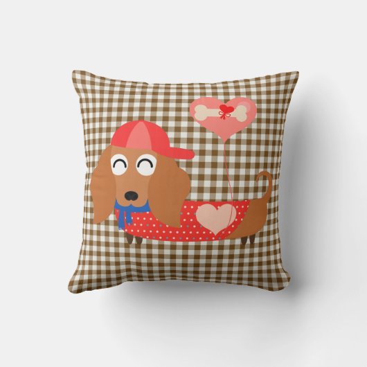 野球帽のブラウンのギンガムのバレンタインの枕の犬 クッション (裏面)
