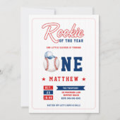 野球帽のルーキーストライプおもしろい少年1歳の誕生日 招待状 (正面)