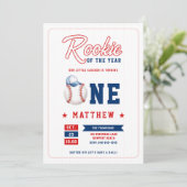 野球帽のルーキーストライプおもしろい少年1歳の誕生日 招待状 (スタンド正面)