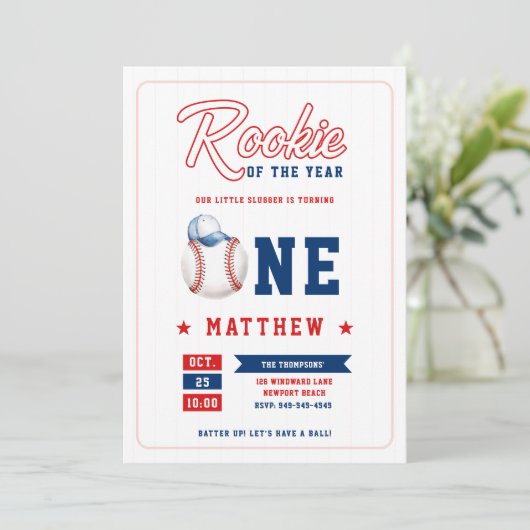 野球帽のルーキーストライプおもしろい少年1歳の誕生日 招待状 (スタンド正面)