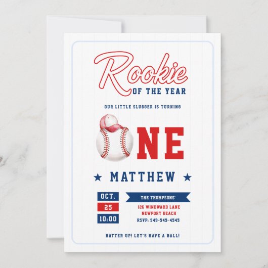 野球帽のルーキーストライプー選手ブルーボーイ1歳の誕生日 招待状 (正面)