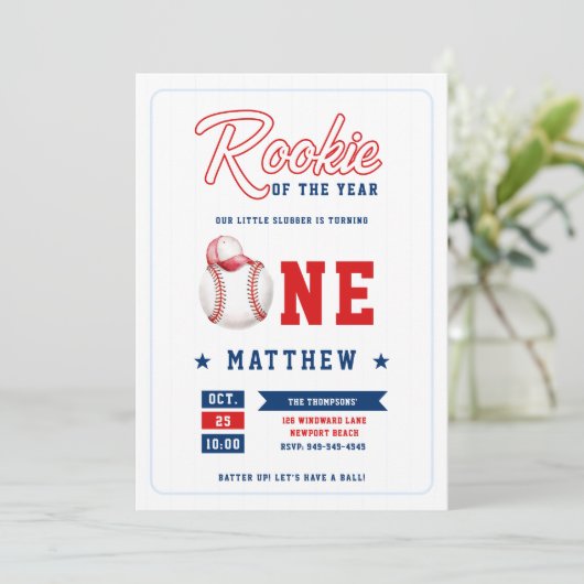 野球帽のルーキーストライプー選手ブルーボーイ1歳の誕生日 招待状 (スタンド正面)