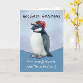 野球帽素晴らし付き孫誕生日ペンギン カード (黄色い花)