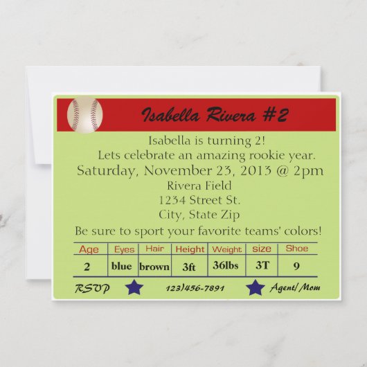 野球新人カード誕生日招待状 招待状 (裏面)