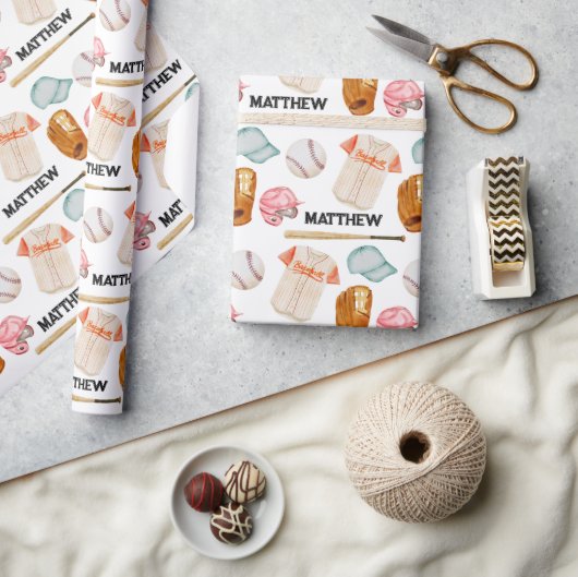 野球柄の誕生日ラッピング紙 ラッピングペーパー (クラフト)