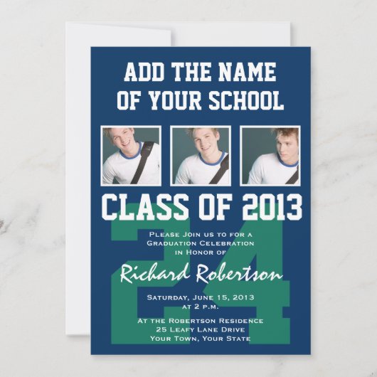 野球濃い青とケリーグリーンのユニフォーム番号 招待状 (正面)