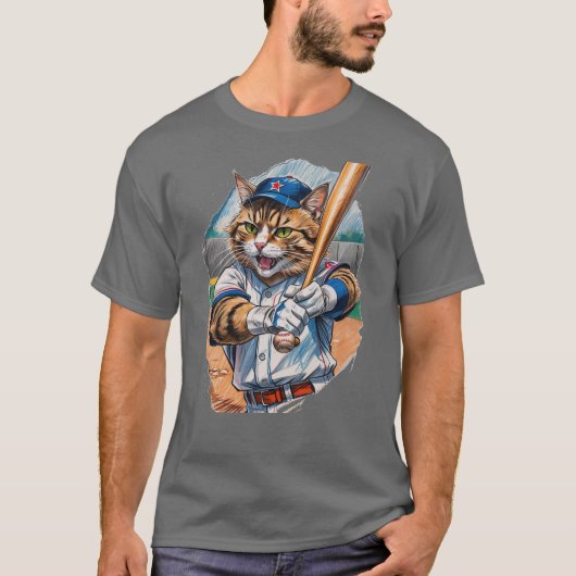 野球猫がピッチャーを脅す! Tシャツ (正面)