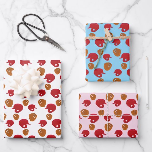 野球用グローブとヘルメットのパタ数々のーン色 ラッピングペーパーシート (正面)