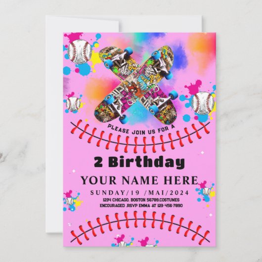 野球用スケートボード落書きカラフルパーティーピンク 招待状 (正面)