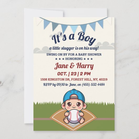 野球男の赤ちゃんシャワー招待状リトルスラガー 招待状 (正面)