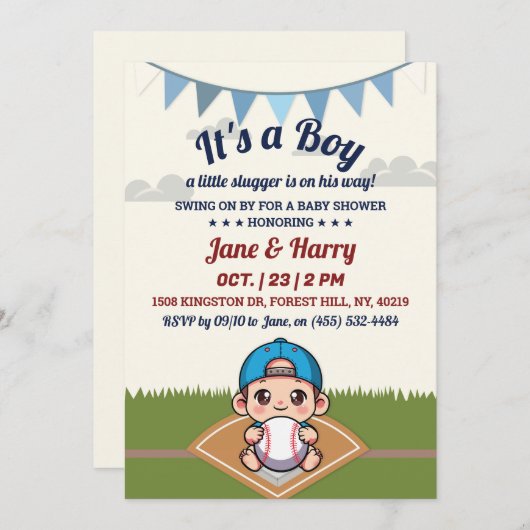 野球男の赤ちゃんシャワー招待状リトルスラガー 招待状 (正面/裏面)