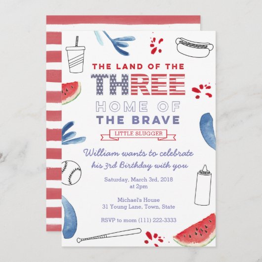 野球第3誕生日招待状、ホットドッグとこうもり 招待状 (正面/裏面)