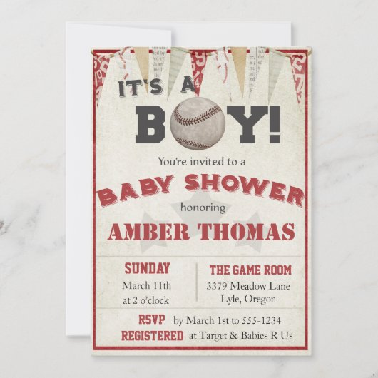 野球素朴男の赤ちゃんシャワー招待状 招待状 (正面)