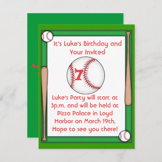 野球誕生日パーティーの招待ボーイズ&ガールズ 招待状 (正面/裏面)