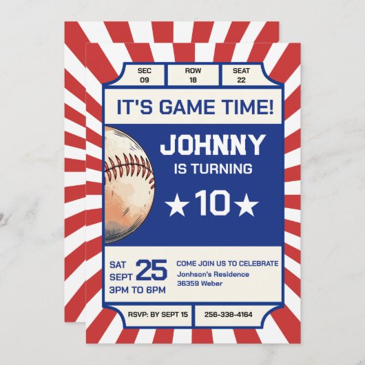 野球誕生日パーティーの招待状 招待状 (正面/裏面)