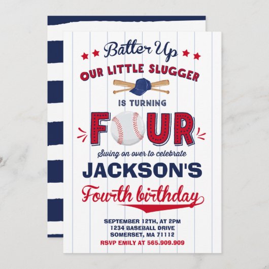 野球誕生日招待状の4歳の誕生日 招待状 (正面/裏面)