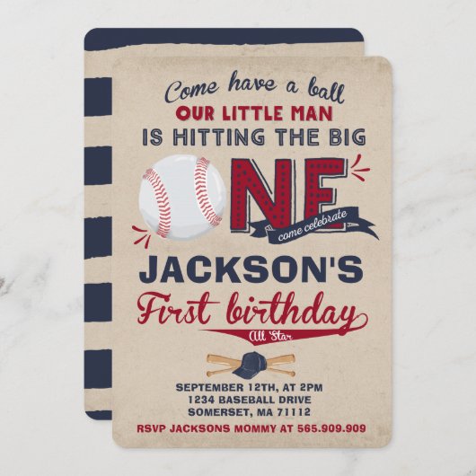 野球誕生日招待状野球第1回 招待状 (正面/裏面)