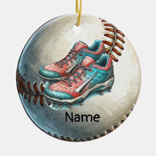 野球選手のボールに名前が付いた野球 セラミックオーナメント (正面)